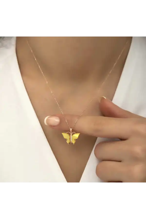 Gümüş Rose Sarı Kaplangözü Taşlı Kelebek Kolye