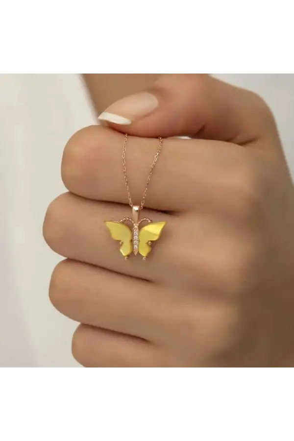 Gümüş Rose Sarı Kaplangözü Taşlı Kelebek Kolye