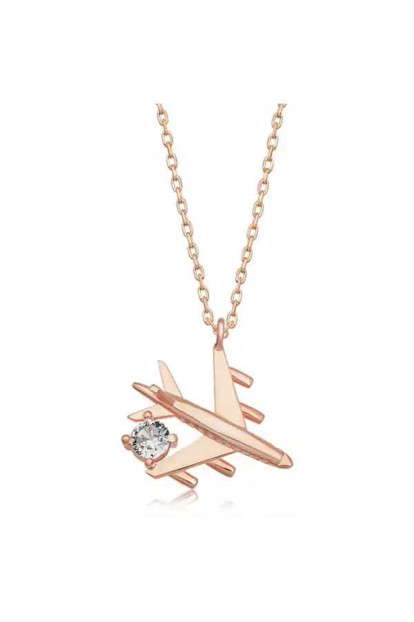 Gümüş Rose Tek Taşlı Uçak Kadın Kolye