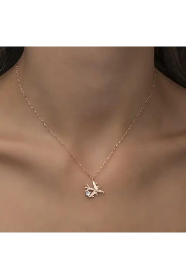 Gümüş Rose Tek Taşlı Uçak Kadın Kolye