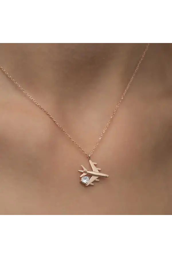 Gümüş Rose Tek Taşlı Uçak Kadın Kolye