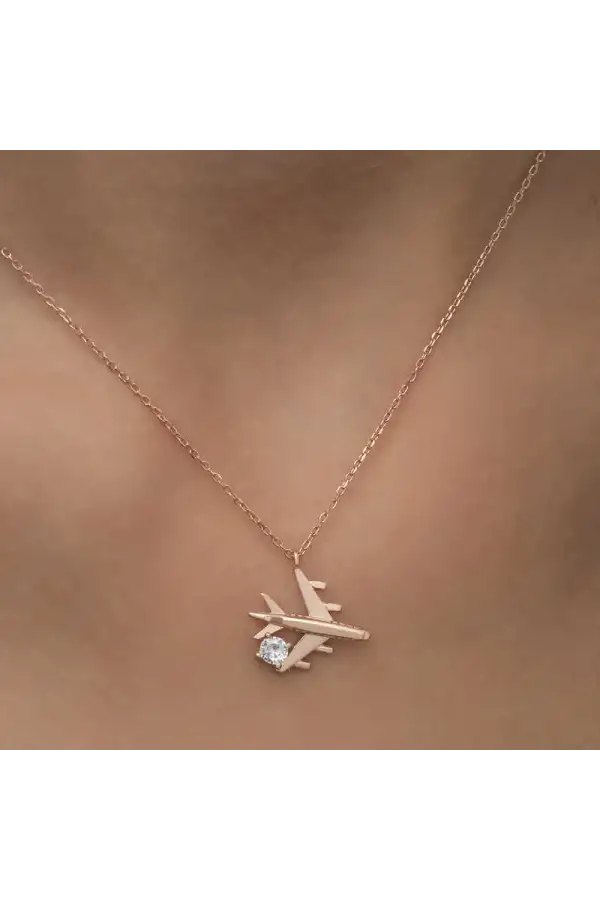 Gümüş Rose Tek Taşlı Uçak Kadın Kolye
