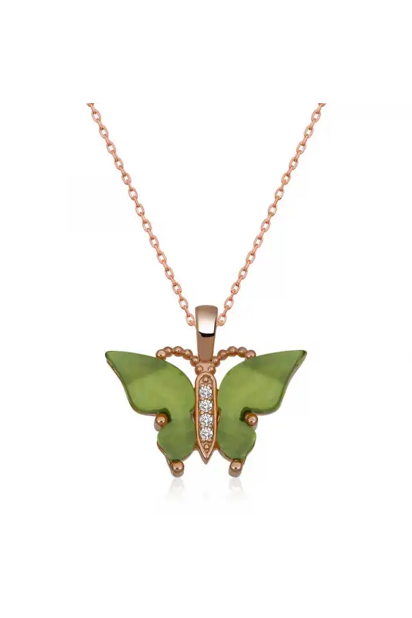 Gümüş Rose Yeşil Kaplangözü Taşlı Kelebek Kolye