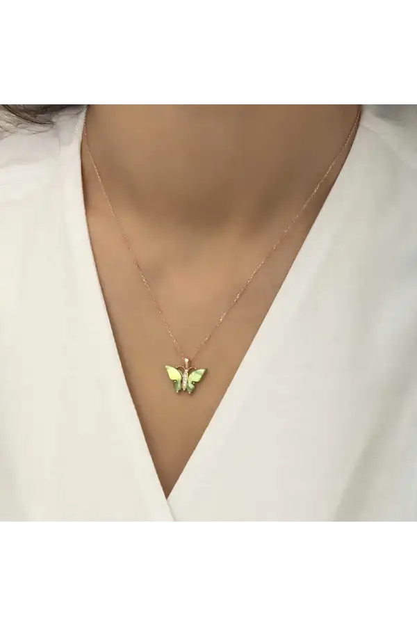 Gümüş Rose Yeşil Kaplangözü Taşlı Kelebek Kolye
