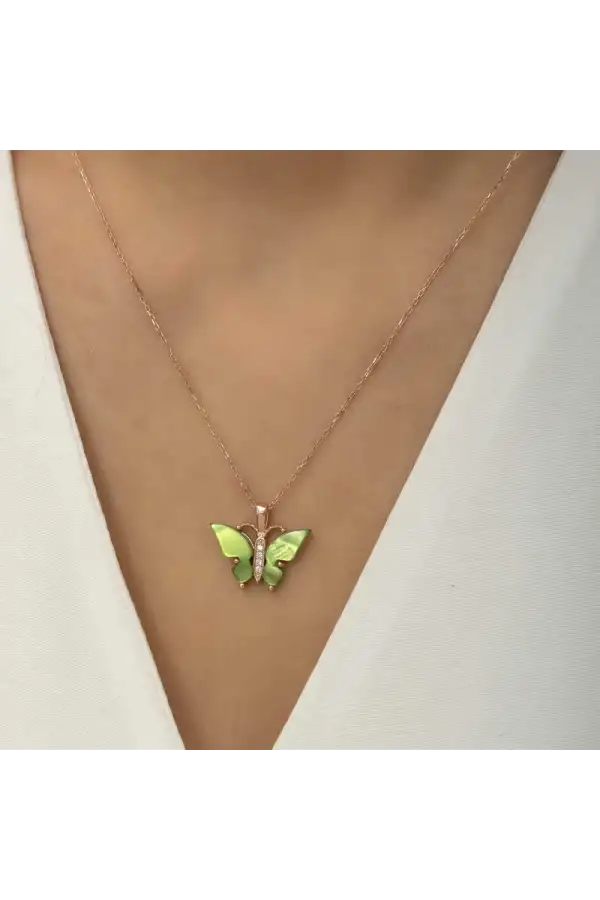 Gümüş Rose Yeşil Kaplangözü Taşlı Kelebek Kolye