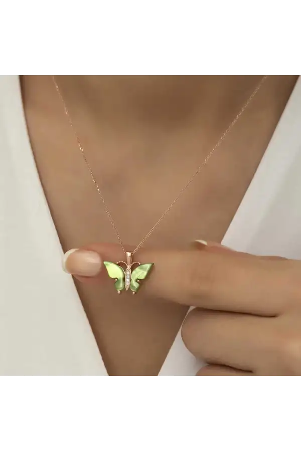 Gümüş Rose Yeşil Kaplangözü Taşlı Kelebek Kolye