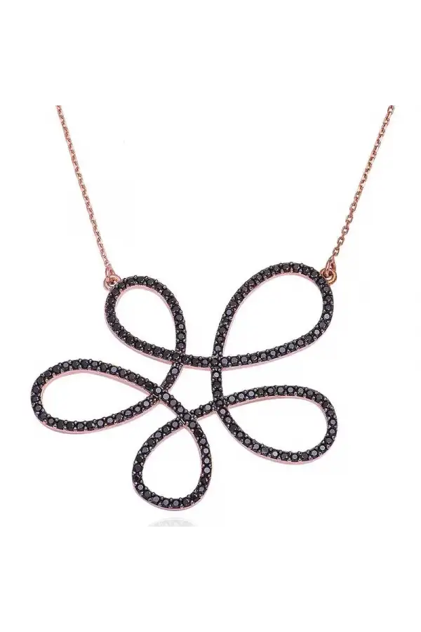 Gümüş Siyah Çiçek Bayan Kolye