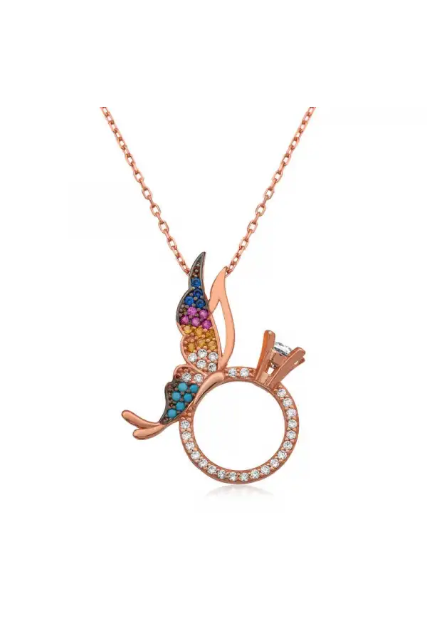 Gümüş Tek Taş Yüzüklü Kelebek Kolye