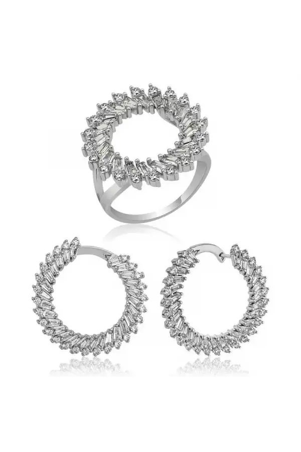 Gümüş Trapez Taşlı Bayan Set