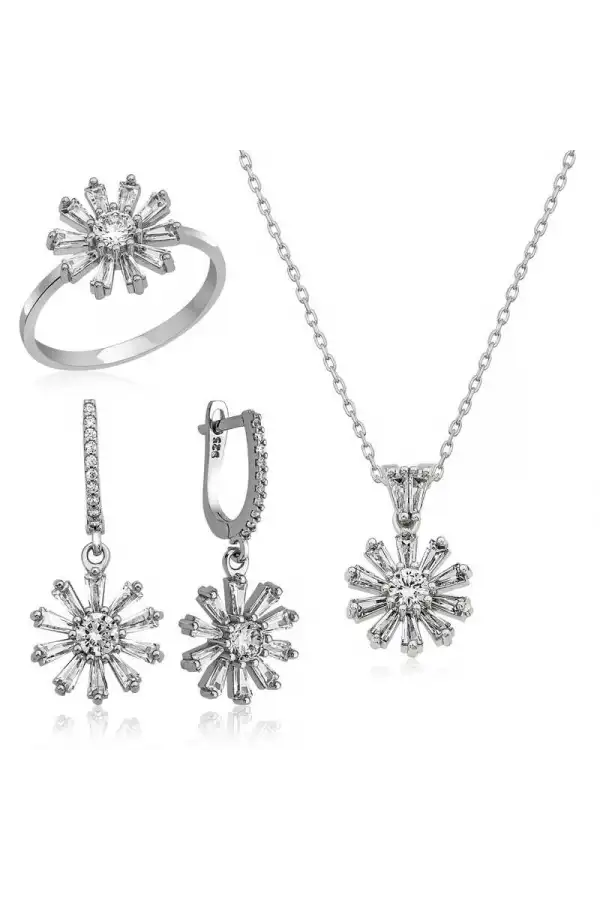 Gümüş Trapez Taşlı  Çiçek Bayan Set