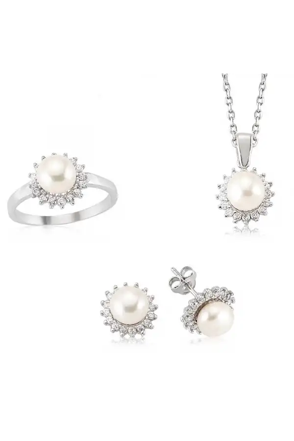 Gümüş Zirkon Taşlı İnci Bayan Set