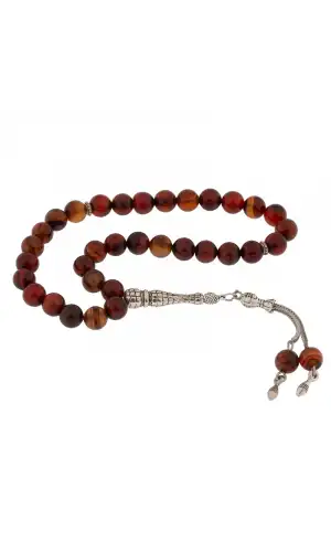 ​Doğaltaş Metal Püsküllü Akik Taşı Tesbih