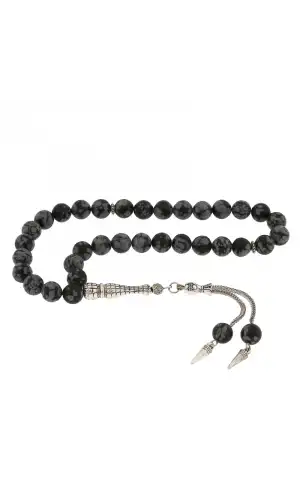 ​Doğaltaş Metal Püsküllü Obsidyen Taşı Tesbih