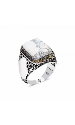 ​Gümüş Beyaz Havlit Taşlı Kare Erkek Yüzük