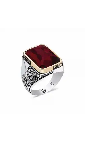 ​Gümüş Bordo Taşlı Köşeli Erkek Yüzük
