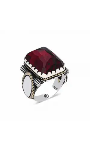 ​Gümüş Bordo Zirkon Taşlı Kare Erkek Yüzük