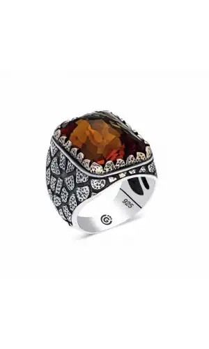 ​Gümüş Kahverengi Zirkon Taşlı Kare Erkek Yüzük