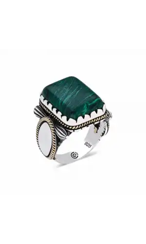 ​Gümüş Kare Yeşil Akik Taşlı Erkek Yüzük