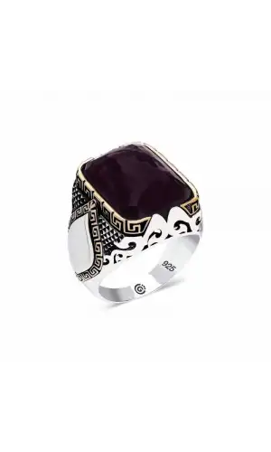 ​Gümüş Mor Taşlı Köşeli Erkek Yüzük