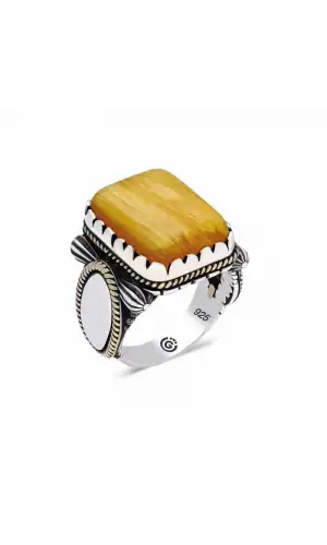 ​Gümüş Sarı Sıkma Kehribar Taşlı Kare Erkek Yüzük