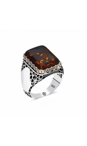 ​Gümüş Sıkma Kehribar Taşlı Kare Erkek Yüzük