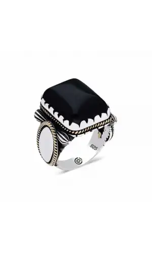 ​Gümüş Siyah Oniks  Zirkon Taşlı Kare Erkek