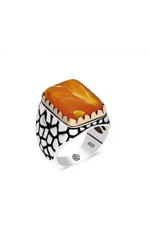 ​Gümüş Turuncu Sıkma Kehribar Taşlı Kare Erkek Yüzük