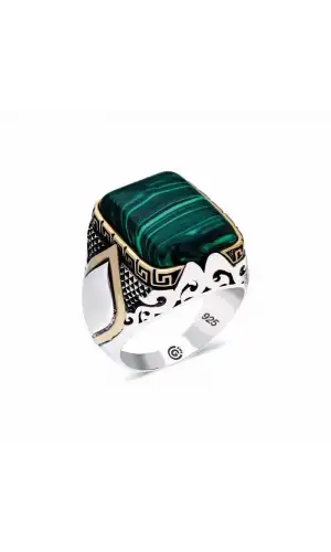 ​Gümüş Malahit Taşlı Kare Erkek Yüzük
