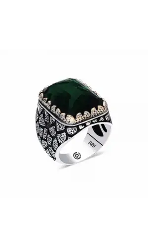 ​Gümüş Yeşil Zirkon Taşlı Kare Erkek Yüzük