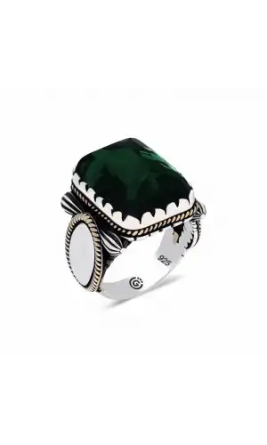 ​Gümüş Yeşil Zirkon Taşlı Kare Erkek Yüzük