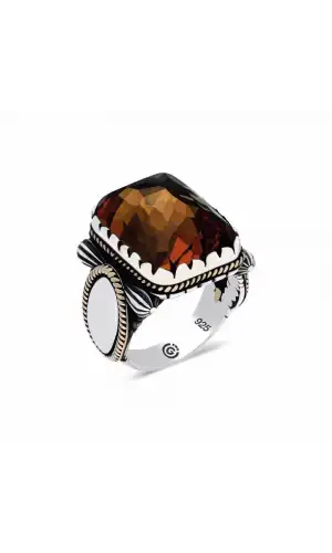 ​Gümüş Zirkon Akik Taşlı Kare Erkek Yüzük