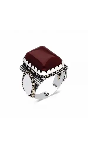 ​Gümüş Zirkon Bordo Akik Taşlı Kare Erkek Yüzük