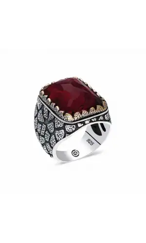 ​Gümüş Zirkon Bordo Taşlı Kare Erkek Yüzük