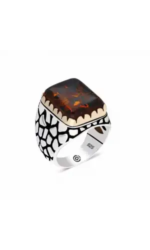 ​Gümüş Zirkon Kahverengi Taşlı Kare Erkek Yüzük