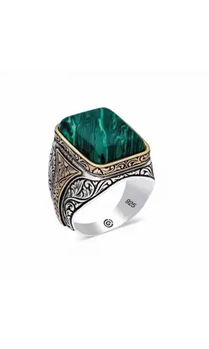 Gümüş Desenli Malahit Taşlı Kare Erkek Yüzük