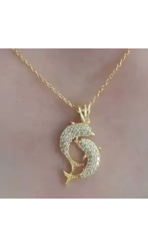 Gümüş Gold Çift Yunus Balığı Kadın Kolye