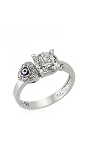 Gümüş Kalp Nazarlı Tek Taş Bayan Yüzük