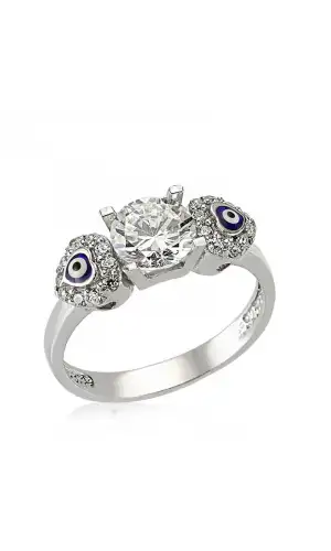 Gümüş Kalp Nazarlı Tek Taş Bayan Yüzük