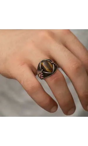 Gümüş Kaplangözü Taşlı İşlemeli Erkek Yüzük