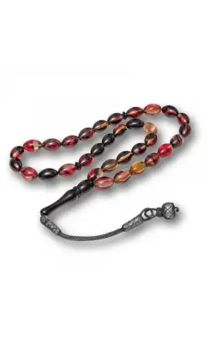 Gümüş Kazaz Püsküllü Sarı Siyah Kırmızı Sıkma Kehribar Tesbih