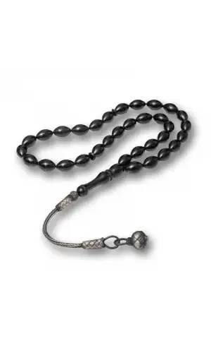 Gümüş Kazaz Püsküllü Siyah Sıkma Kehribar Tesbih