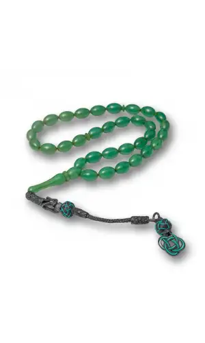 Gümüş Kazaz Püsküllü Yeşil Sıkma Kehribar Tesbih