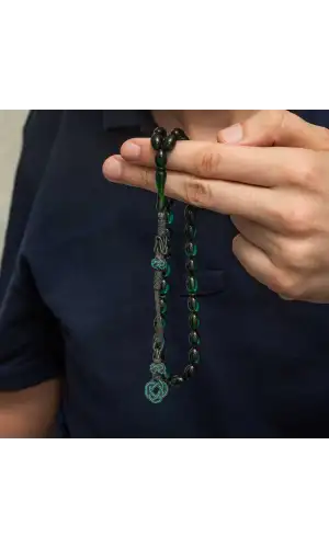 Gümüş Kazaz Püsküllü Yeşil Sıkma Kehribar Tesbih