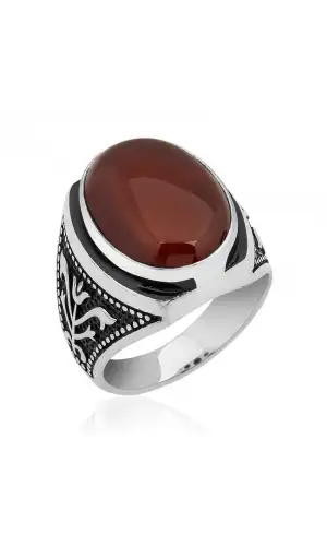 Gümüş Lale işlemeli Akik Yüzük