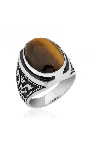 Gümüş Lale işlemeli Kaplan Gözü Yüzük