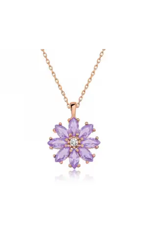 Gümüş Rose Lila Çiçek Kolye