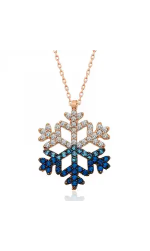 Gümüş Rose Mavi Taşlı Kar Tanesi Kolye