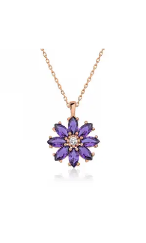 Gümüş Rose Mor Çiçek Kolye