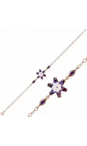 Gümüş Rose Mor Lotus Çiçeği Bileklik