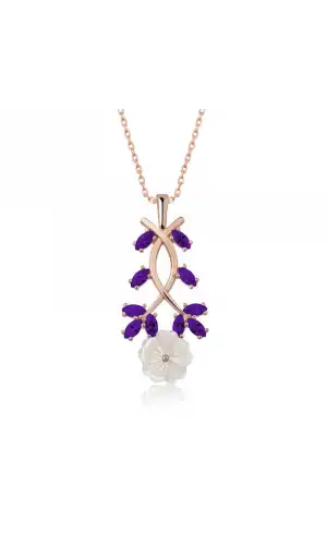 Gümüş Rose Mor Yapraklı Bahar Çiçeği Kolye
